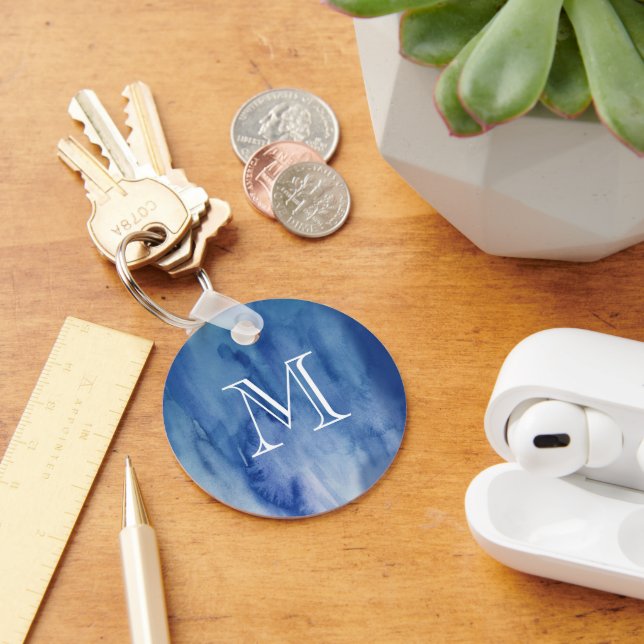 Monogram Blue Watercolor Texture Abstract Painting Key Ring (Desk)