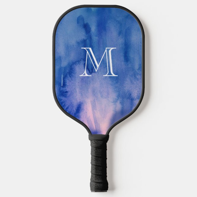 Monogram Blue Watercolor Texture Abstract Painting Pickleball Paddle (Front)