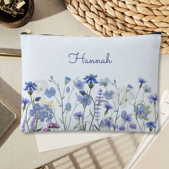 Monogram Blue Watercolor Wildflower Floral Accessory Pouch (In situ, on table)