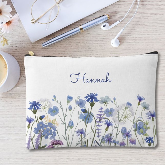 Monogram Blue Watercolor Wildflower Floral Accessory Pouch (In situ)