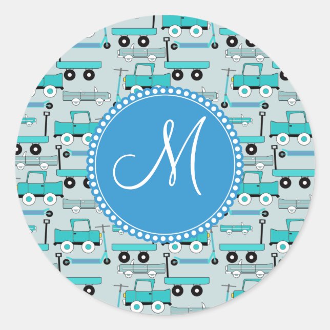 Monogram Blue Wheels Scooters Cars Wagons Trucks Classic Round Sticker (Front)