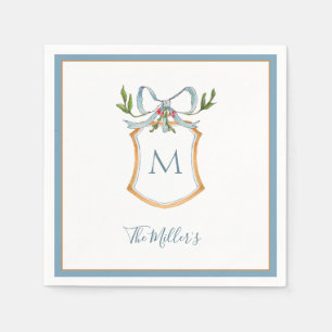 Monogram Blue & white crest Holiday  Napkin