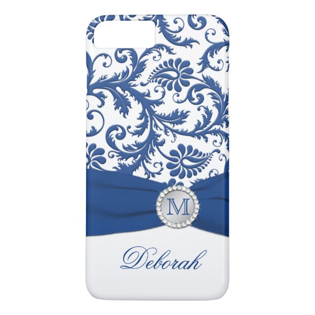 Monogram Blue, White Damask iPhone 7 Case (Back)