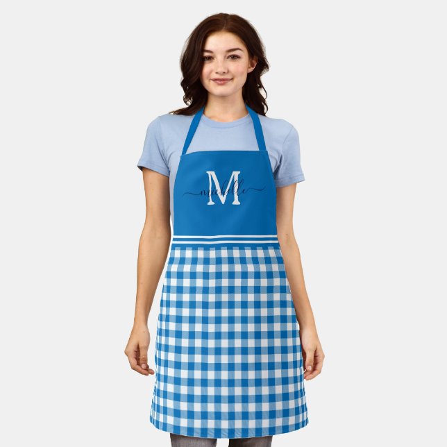 Monogram Blue White Gingham Navy Name Apron (Worn)