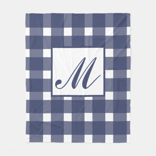 Monogram Blue White Gingham Pattern Fleece Blanket (Front)