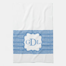 Monogram Blue & White Greek Key Kitchen Towel