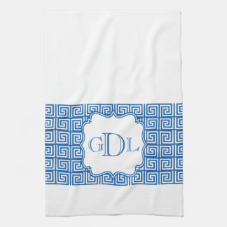 Monogram Blue & White Greek Key Kitchen Towel