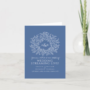 Monogram blue white leaves wedding live stream announcement