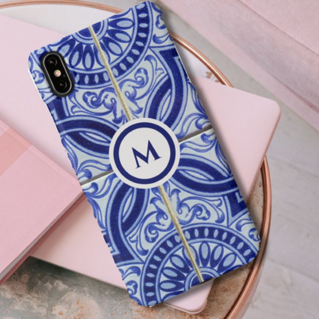 Monogram Blue + White Mediterranean Tile Pattern iPhone Case (An elegant monogram blue and white tile pattern phone case to brighten your day!)