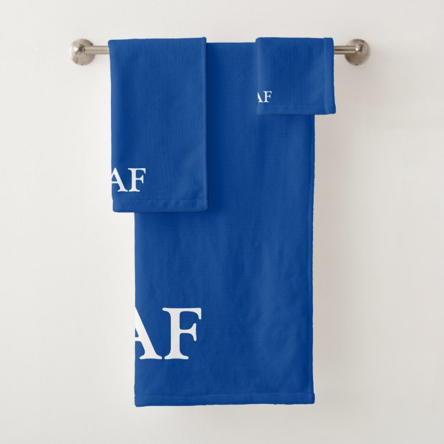 Monogram Blue White Minimalist Simple Block Font Bath Towel Set (Insitu)