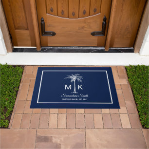 Monogram Blue White Palm Tree Personalized Doormat