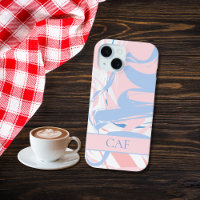 Monogram Blue White Pink Marble Swirl