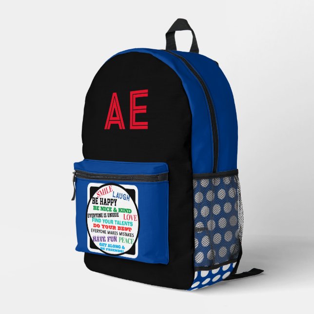 Monogram Blue White Polka Dots Motivational Printed Backpack (Back Corner Right)