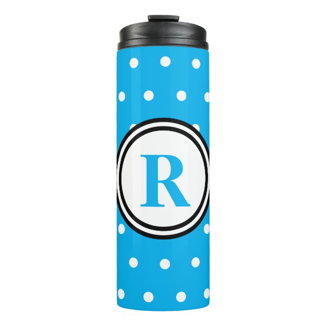Monogram Blue White Polka Dots Thermal Tumbler (Front)