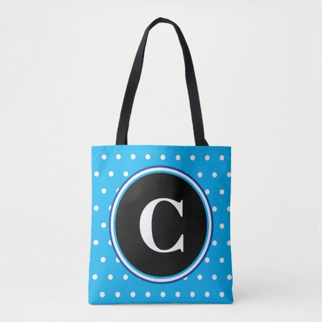Monogram Blue White Polka Dots Tote Bag (Front)