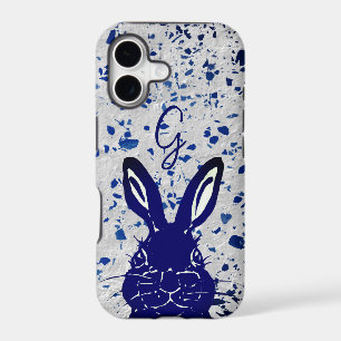 Monogram Blue White Rabbit Terrazzo Cute Bunny