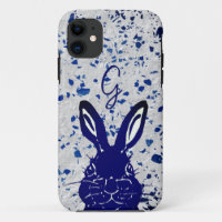 Monogram Blue White Rabbit Terrazzo Cute Bunny
