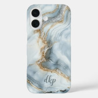 Monogram Blue White Silver Gold Marble Swirl