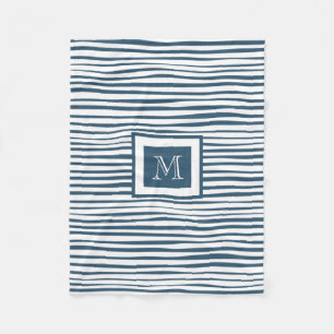 Monogram Blue White Stripe Fleece Blanket