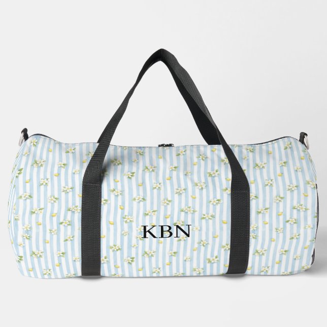 Monogram Blue White Stripes Lemons Mediterranean Duffle Bag (Front)