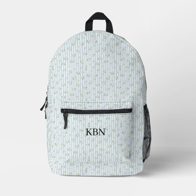 Monogram Blue White Stripes Lemons Mediterranean Printed Backpack (Front)