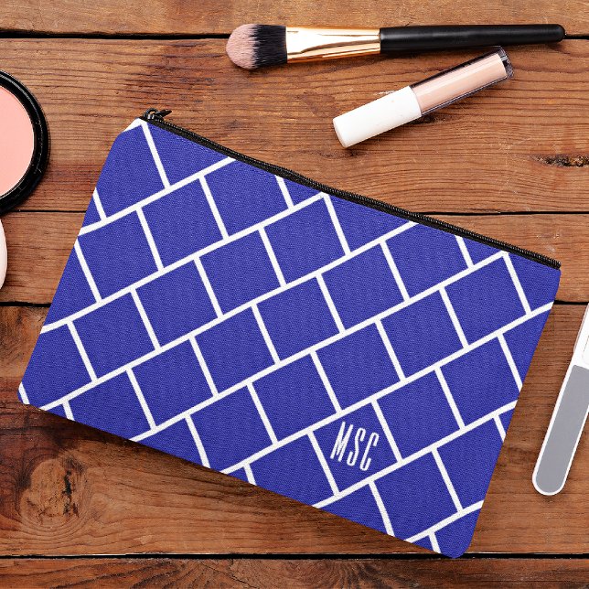 Monogram, Blue & White Stylish Trellis Pattern Accessory Pouch (Creator Uploaded)