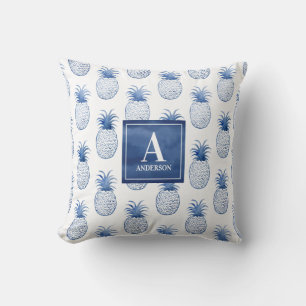Monogram Blue White Tropical Pineapple Outdoor Cushion