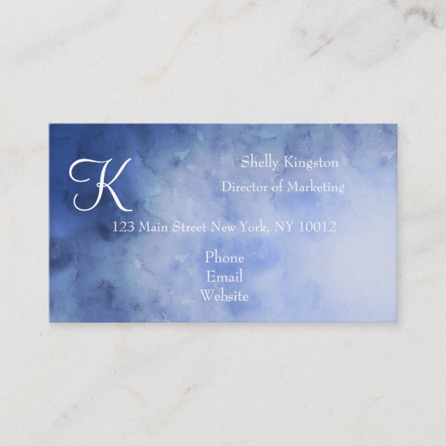 Monogram Blue White Watercolor Trendy Business Card (Front)