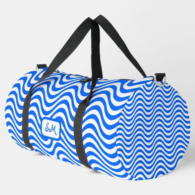 Monogram Blue White Wavy Stripes Psychedelic Duffle Bag (Left Corner)