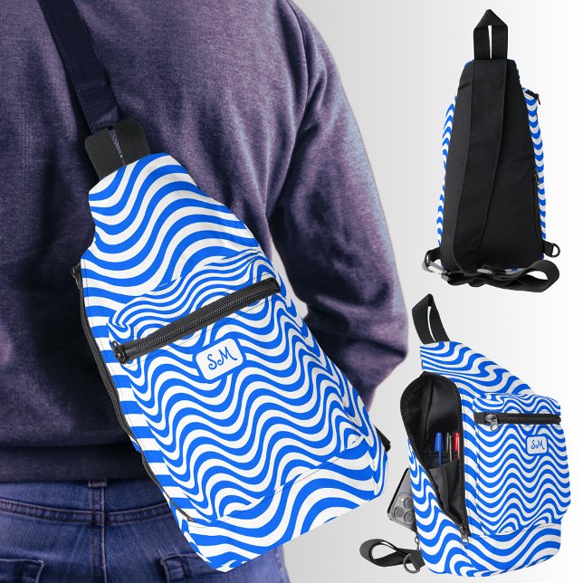 Monogram Blue White Wavy Stripes Psychedelic Sling Bag (Monogram Blue White Wavy Stripes Psychedelic Sling Bag)