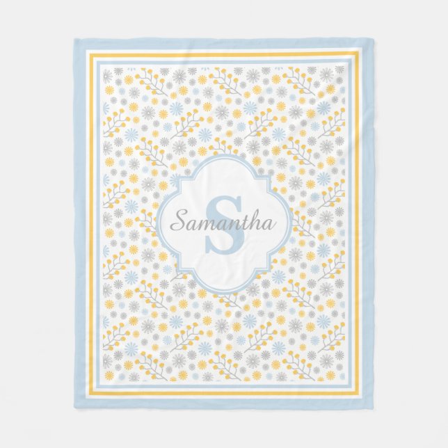 Monogram Blue Yellow & Grey Modern Fleece Blanket (Front)