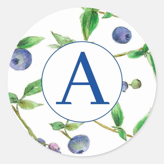 Monogram Blueberries Watercolor Fruit Classic Round Sticker (Front)