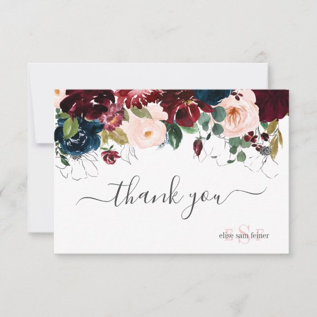 Monogram Blush Burgundy Navy Watercolor Flowers Thank You Card (Front)