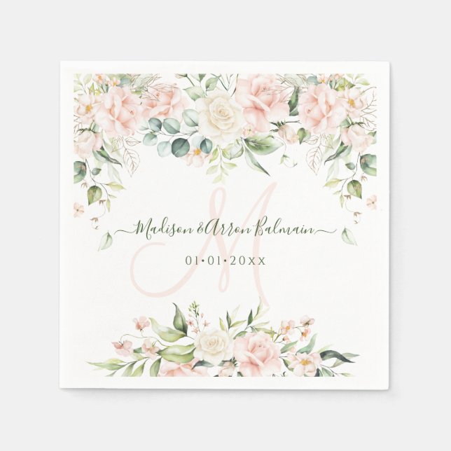 Monogram Blush Cream Roses Eucalyptus Any Event Napkin (Front)