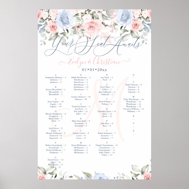 Monogram Blush & Dusty Blue Roses Seating Chart (Front)