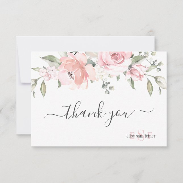 Monogram Blush Dusty Rose Watercolor Flowers Thank You Card (Front)