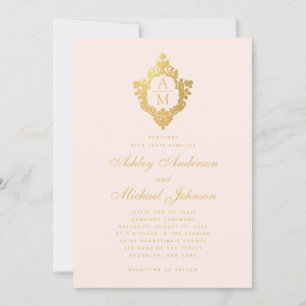 Monogram Blush Faux Gold Floral Crest Pink Wedding Invitation