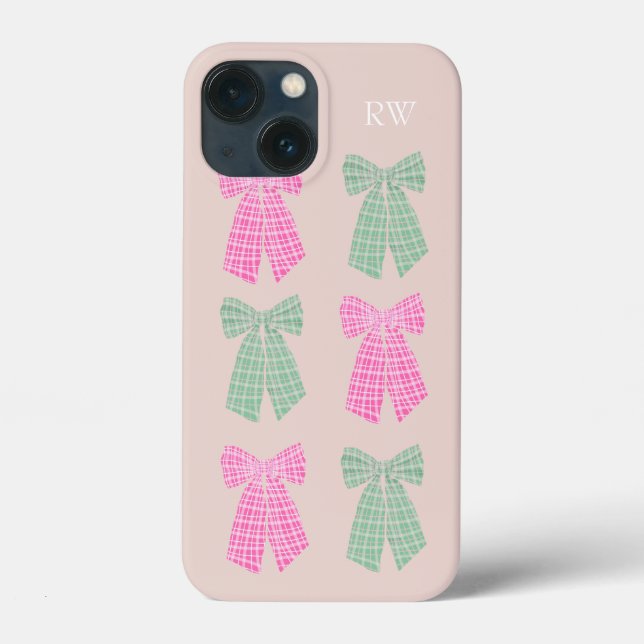 Monogram Blush Gingham Coquette Bow Pattern Case-Mate iPhone Case (Back)