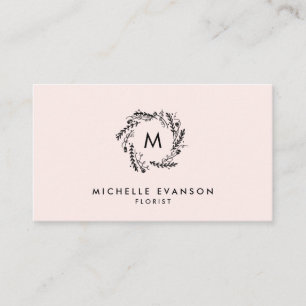 Monogram Blush Pink and Black Floral Wreath Business Card