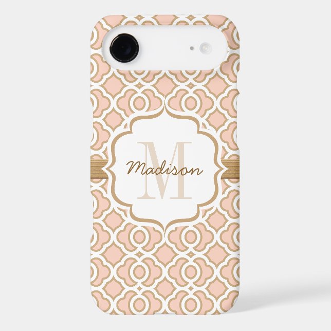 Monogram Blush Pink and Gold Quatrefoil Case-Mate iPhone Case (Back)