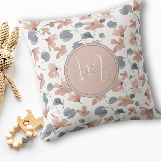 Monogram Blush Pink and Grey Watercolor Floral  Cushion (Creator Uploaded)