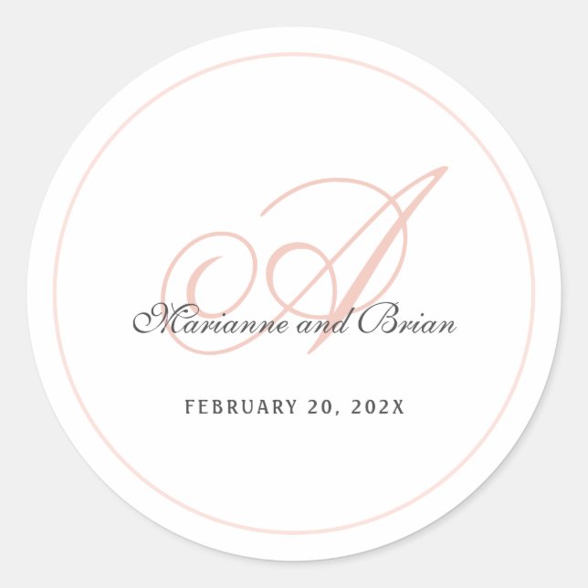 Monogram Blush Pink and White Classic Round Sticker (Front)
