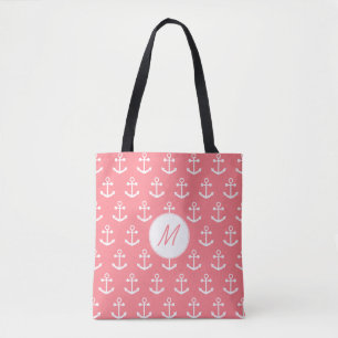 Monogram Blush Pink and White Nautical Anchor Tote Bag