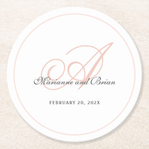 Monogram Blush Pink and White Round Paper Coaster