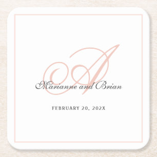 Monogram Blush Pink and White Square Paper Coaster