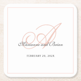 Monogram Blush Pink and White Square Paper Coaster