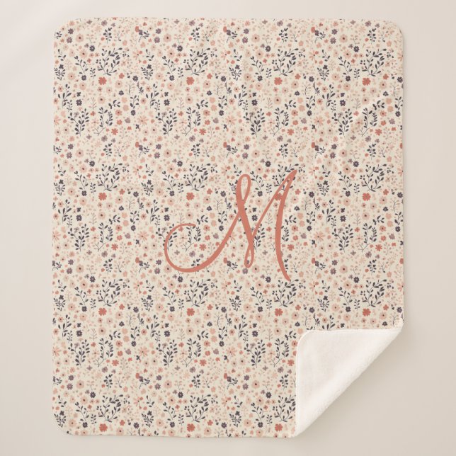 Monogram Blush Pink Boho Purple Coral Wildflowers Sherpa Blanket (Front)