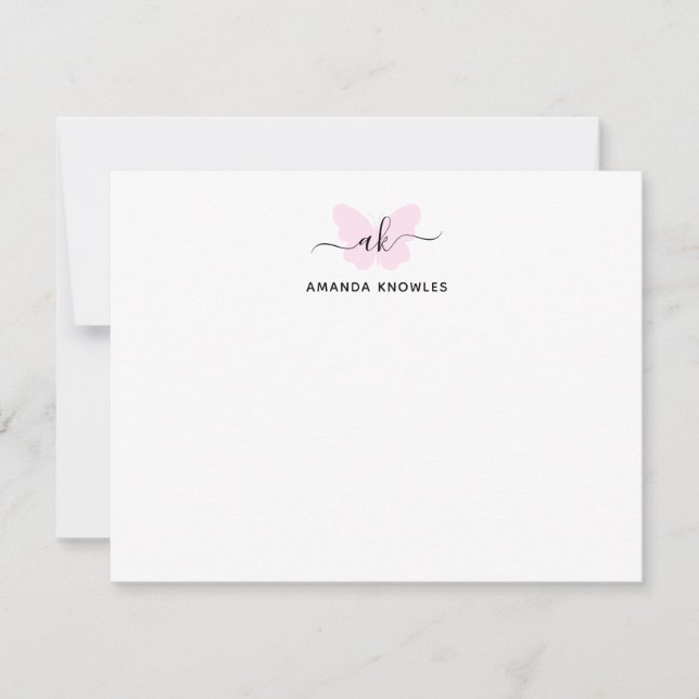 Monogram Blush Pink Butterfly Minimalist Girly Card (Front)