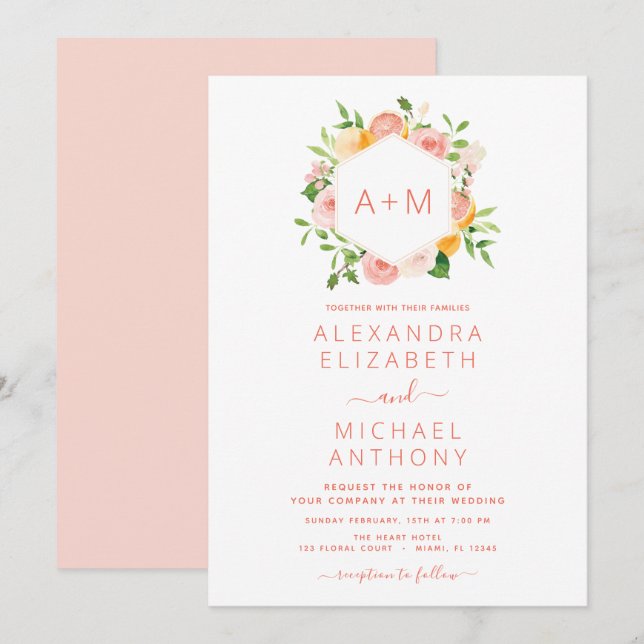 Monogram Blush Pink Citrus Floral Wedding Invitati Invitation (Front/Back)