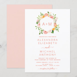 Monogram Blush Pink Citrus Floral Wedding Invitati Invitation